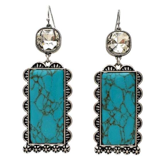 Boho Turquoise Elegance: Crystal-Studded Rectangle Earrings, Gift Box - Picture 7 of 11